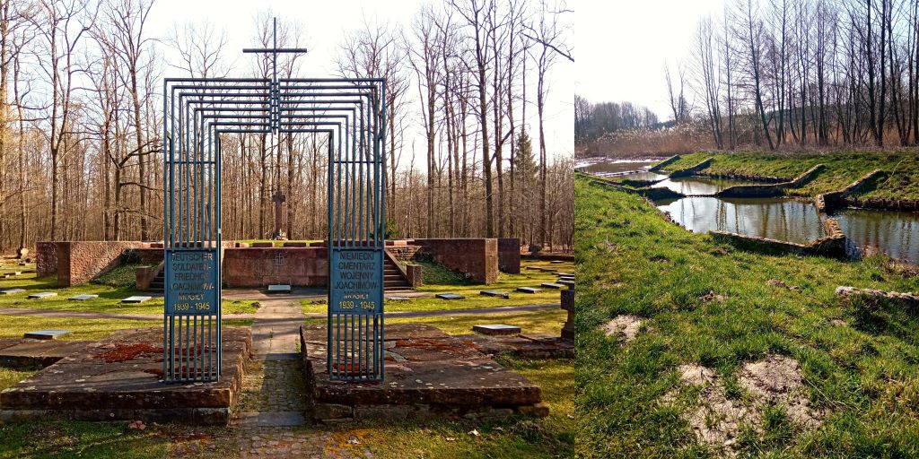 Cmentarz niemieckich żołnierzy i rzeka Rawka w Bolimowskim Parku Krajobrazowym